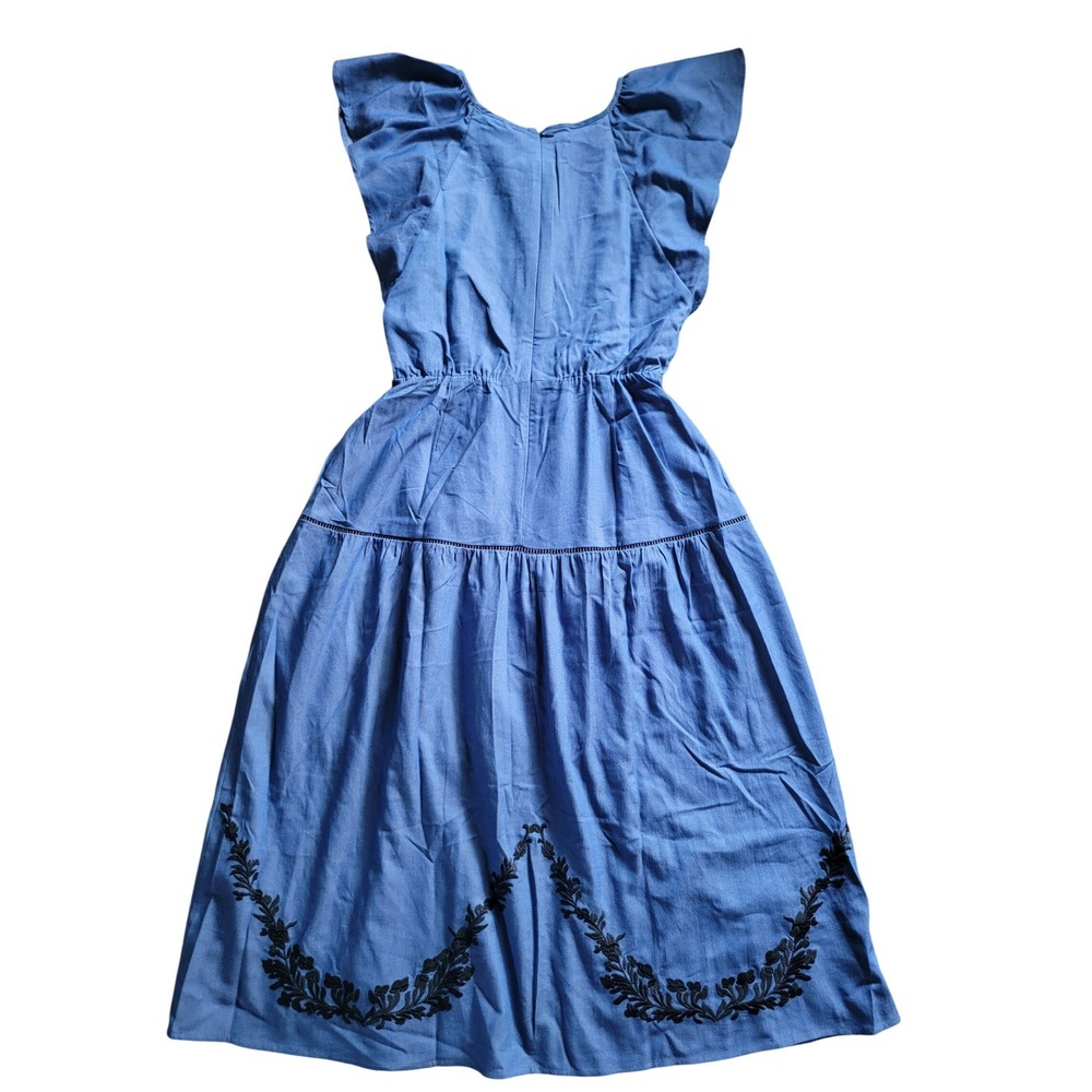 NWT Lost + Wander Riviera Midi Dress Blue Embroidered A-line Tiered Pocket Small - Picture 6 of 16